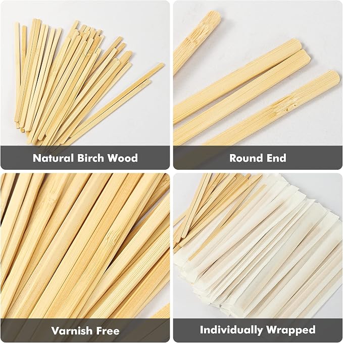 100pcs Bamboo Coffee Stirrers Individually Wrapped, 5.5 Inch Disposable Wood - Image 2