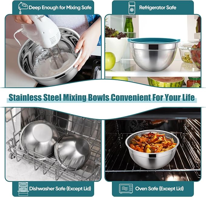 P&P CHEF Mixing Bowls with Airtight Lids Set of 5, 10-Piece Stainless Steel - Image 6