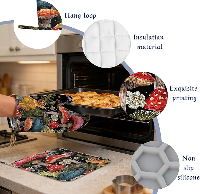 Mushroom Forest Oven Mitts and Pot Holders Cute Snail Wildflowers Silicone - Image 4