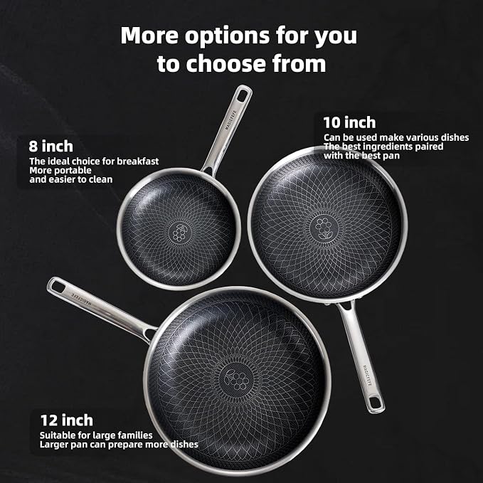 Non Stick Frying Pan without Lid, 8+10+12 Inch, Hybrid Frying Pans Set Nonstick - Image 2