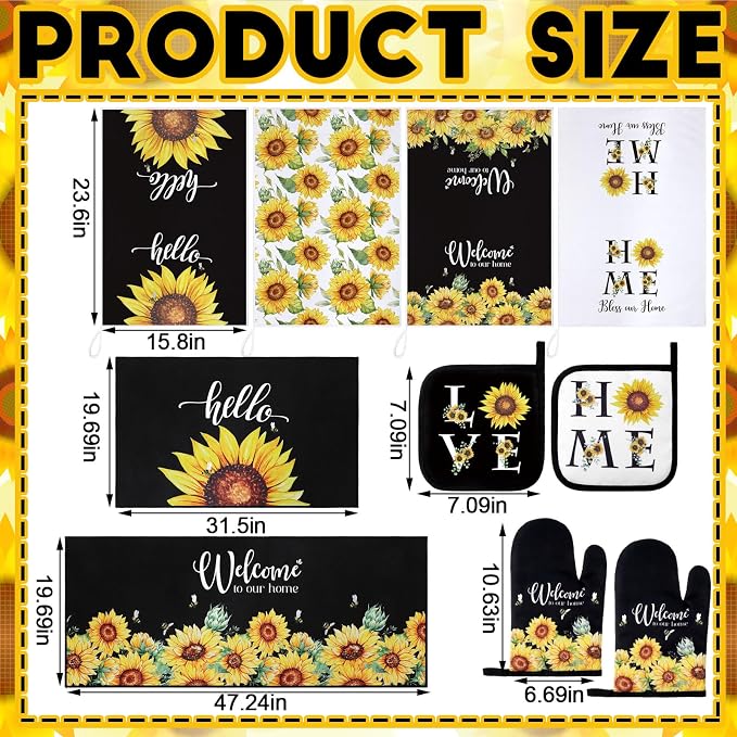 Fourluoo 10 Pcs Sunflower Kitchen Dish Towels Rugs Oven Mitts and Pot Holders - Image 3