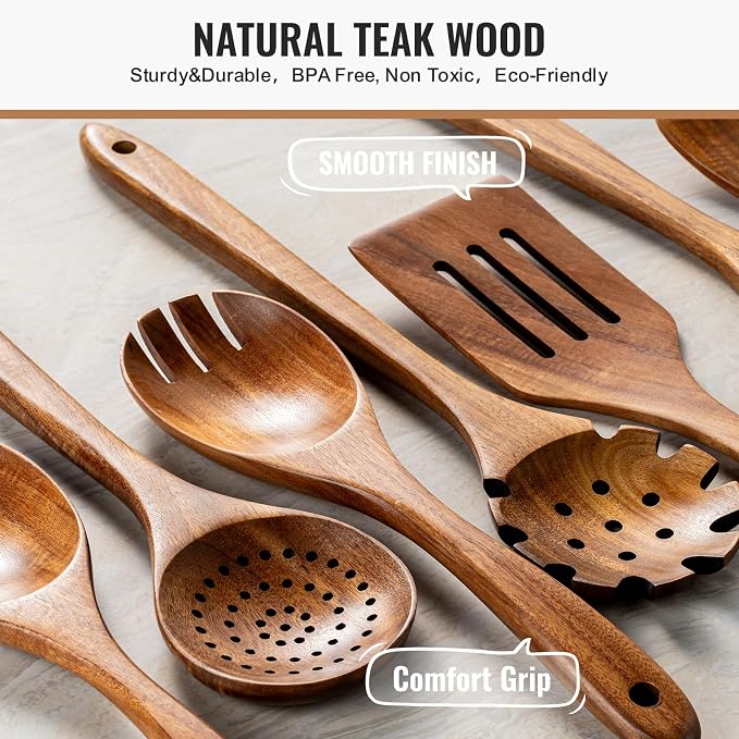 Terlulu 10 Pcs Wooden Spoons for Cooking, Natural Teak Wooden Kitchen Utensils - Image 4