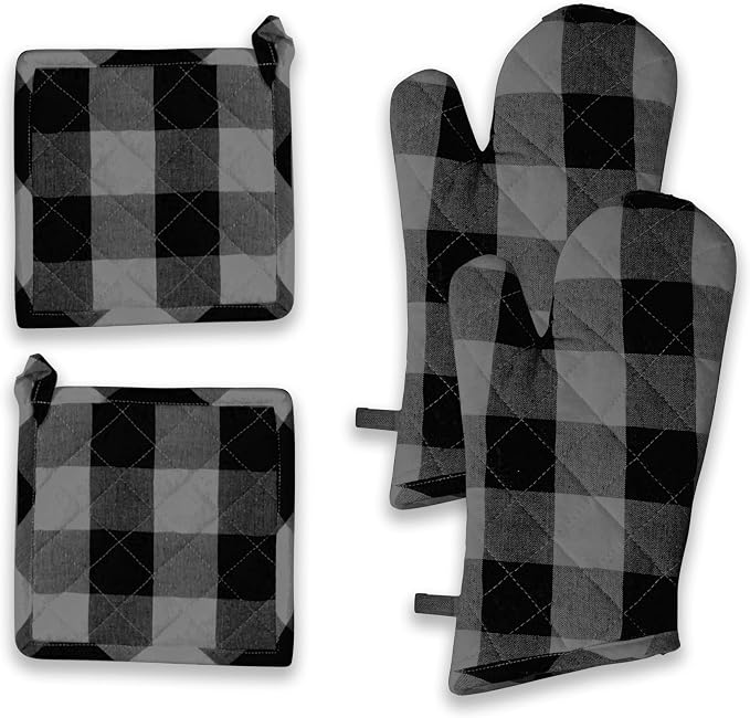 Buffalo Plaid Check Oven Mitts and Pot Holders Set, 100% Cotton, Heat Resistant by SoftopiaCotton
