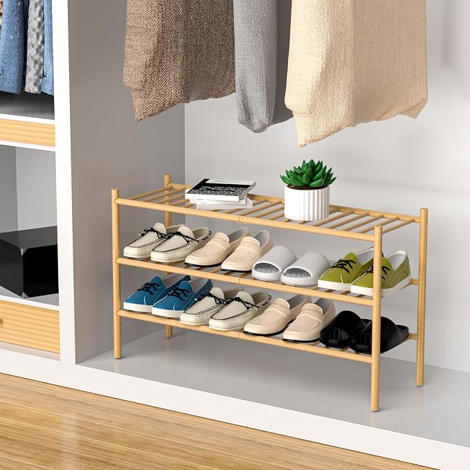 ROMGUAR CRAFT 3-Tier Bamboo Long Shoe Rack, Free Standing Wood Shoe Shelf - Image 4