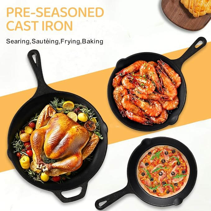 EWFEN Cast Iron Skillet 3-Piece Set, Heavy-Duty Professional Restaurant Chef - Image 2