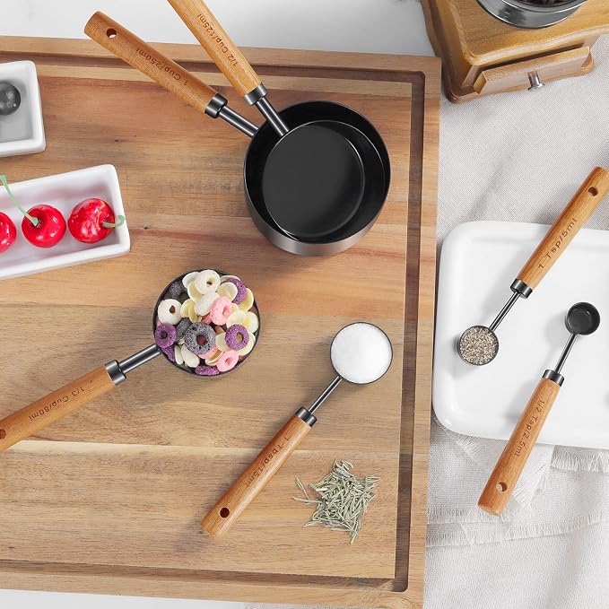 GuDoQi 8Pcs Measuring Cups and Spoons Set, Wooden Handle, Premium Stainless - Image 5