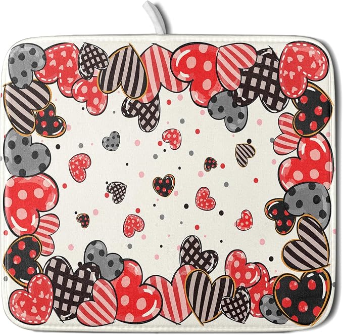 Red Heart Dish Drying Mat 16"x18" Love Dots Microfiber Dish Drainer Rack Mat by Giwawa