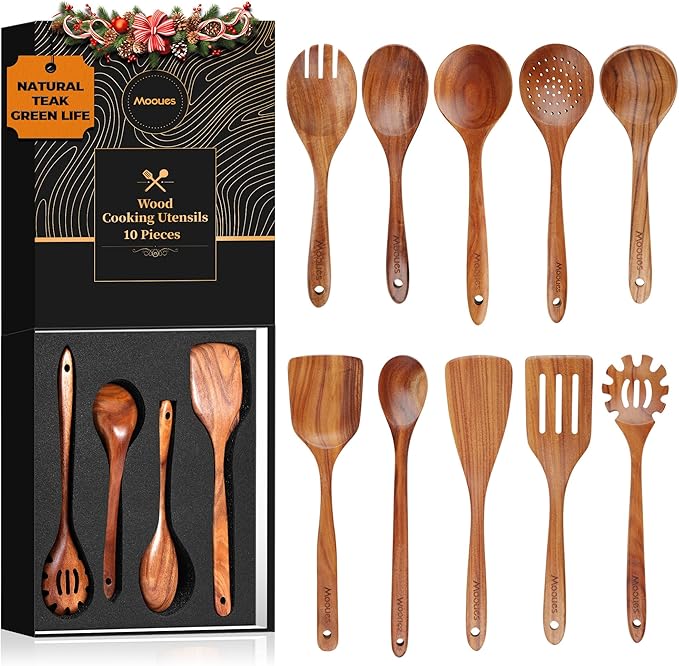 Mooues Wooden Spoons for Cooking, Wooden Utensils for Cooking Natural Teak by Mooues