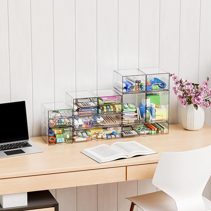 Yieach 4 Pack Small Clear Stackable Storage Drawers, 2.2'' Tall Desk - Image 2