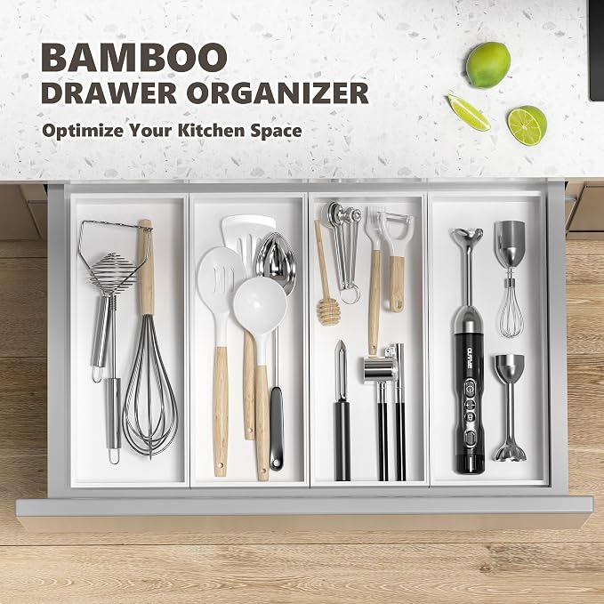 Kitchen Drawer Organizer Bins, Stackable Deep Bamboo Drawer Organizer - Image 3