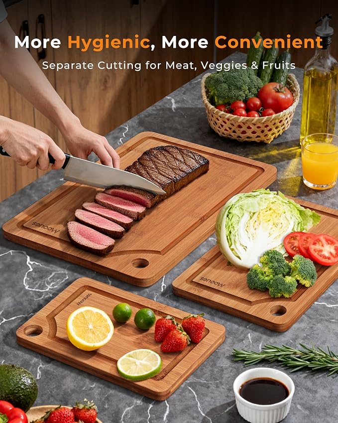 Bamboo Cutting Board for Kitchen, Knife-Friendly Wooden Cutting Boards Set - Image 3