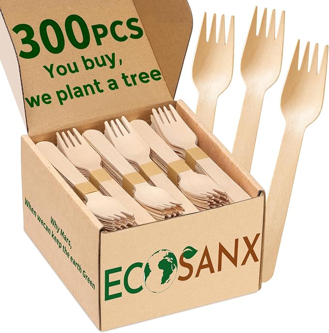 ECOSANX® 300 PCs Wooden forks for eating 6.5" Splinter Free Compostable Forks by ECOSANX