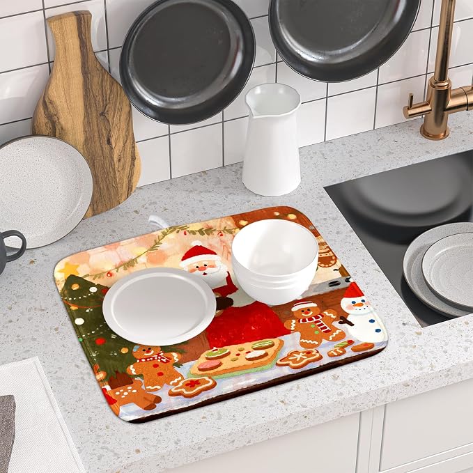 Christmas Dish Drying Mat for Kitchen Counter 16x18 Santa Claus Gingerbread - Image 6