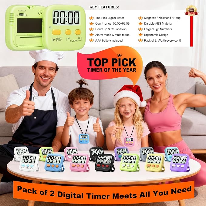 Antonki 2 Pack Digital Timer for Kids, Magnetic Countdown Kitchen Timers for - Image 8