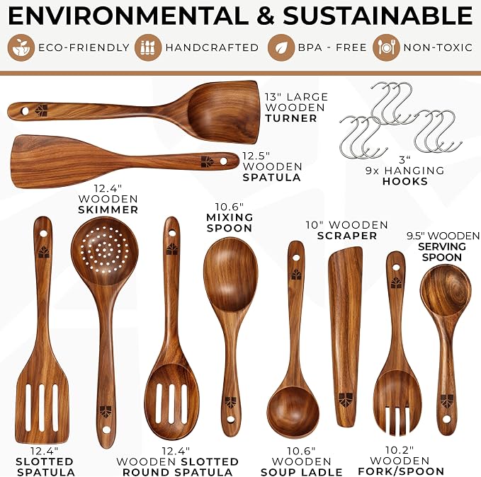 Wooden Spoons for Cooking – 10 Pcs Premium Teak Wooden Utensil Set - Image 3