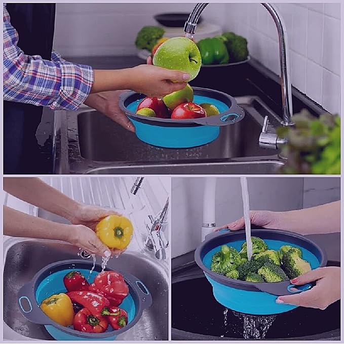 Round Silicone Blue Colander Collapsible – Foldable Kitchen Strainer Small - Image 7