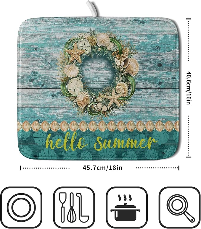 Hello Summer Dish Drying Mat for Kitchen Counter, Sea Shell Starfish Coastal - Image 2