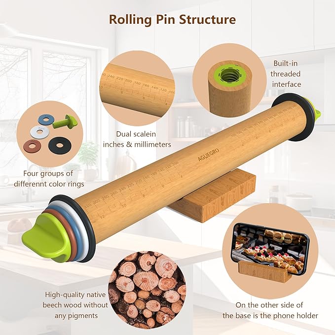Rolling Pin with Adjustable Thickness Rings and Pastry Baking Mat Dough - Image 8