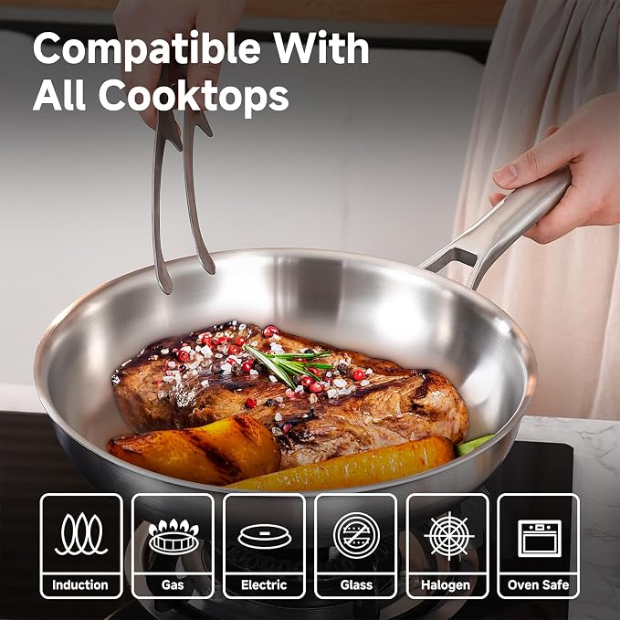 Chef's Frying Pan 12 Inch, Tri-Ply Clad Stainless Steel Skillet, Induction - Image 4