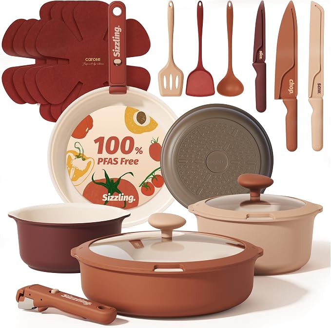 CAROTE 22 Pcs Non Stick Pots and Pans Set, Boho Ceramic Cookware Set Detachable by CAROTE
