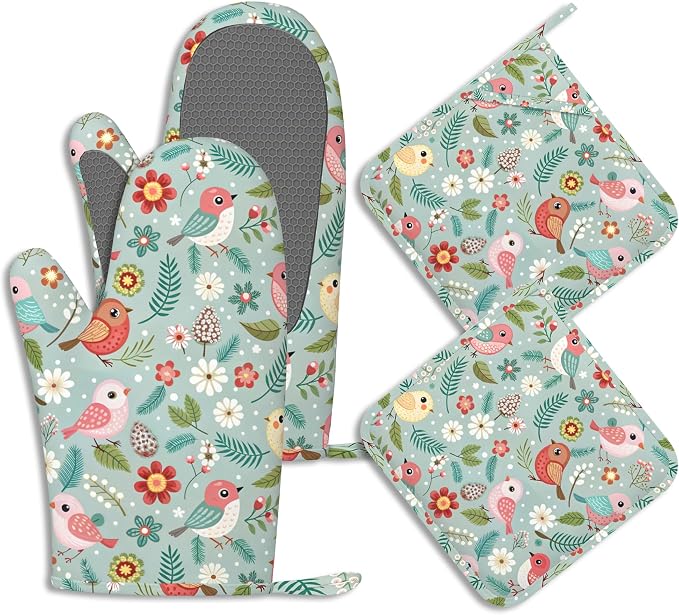 Birds Floral Potholders & Oven Mitts Sets Colourful Flowers Silicone Heat by BIGXIUKA