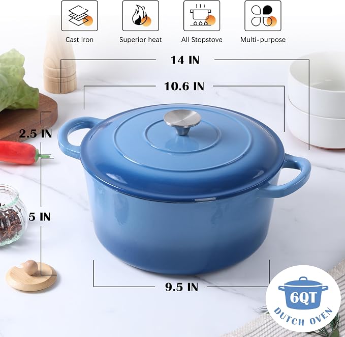 E-far Enameled Dutch Oven Pot for Bread Baking, 6QT Enameled Cast Iron Cookware - Image 2