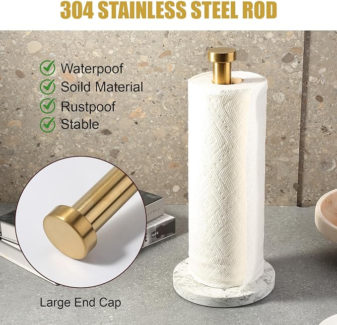 Koville Paper Towel Holder Countertop, Marble and Brass Standing Paper Roll - Image 3