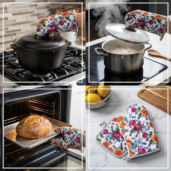 Floral Oven Mitts and Pot Holders Sets 2 Pcs, Canvas Heat Resistant Kitchen - Image 7