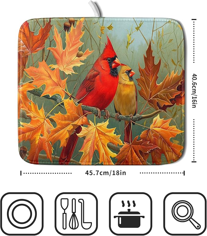 Giwawa Fall Birds Dish Drying Mat 16x18 Inch Autumn Maple Leaf Tree Dish - Image 2