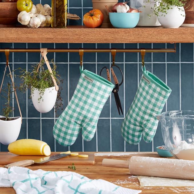 KitchenAid Gingham Oven Mitt 2-Pack Set, Aqua Sky - Image 2