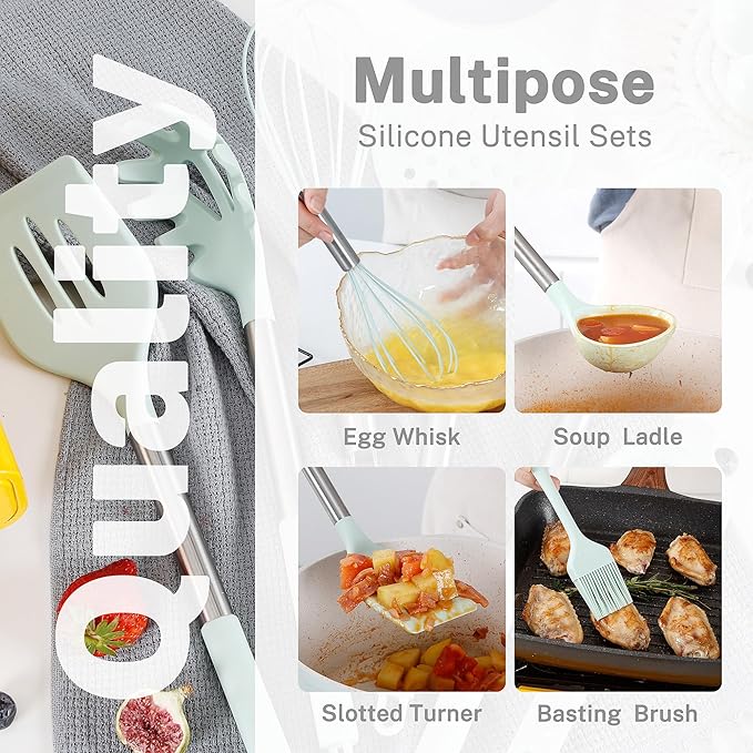 QMVESS Silicone Cooking Utensils Set, 446°F Heat Resistant Spatula, Spoons Set - Image 4