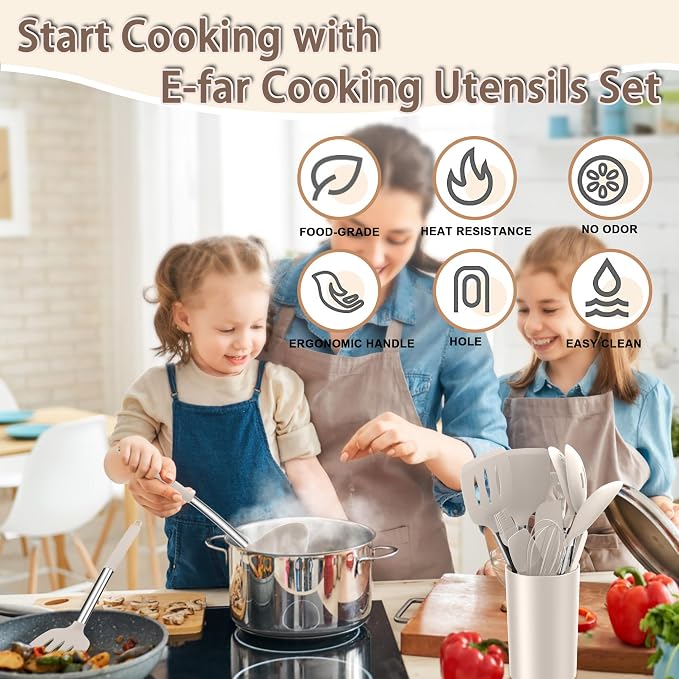 E-far Silicone Cooking Utensils Set, 14-Piece Khaki Kitchen Utensils Set - Image 7