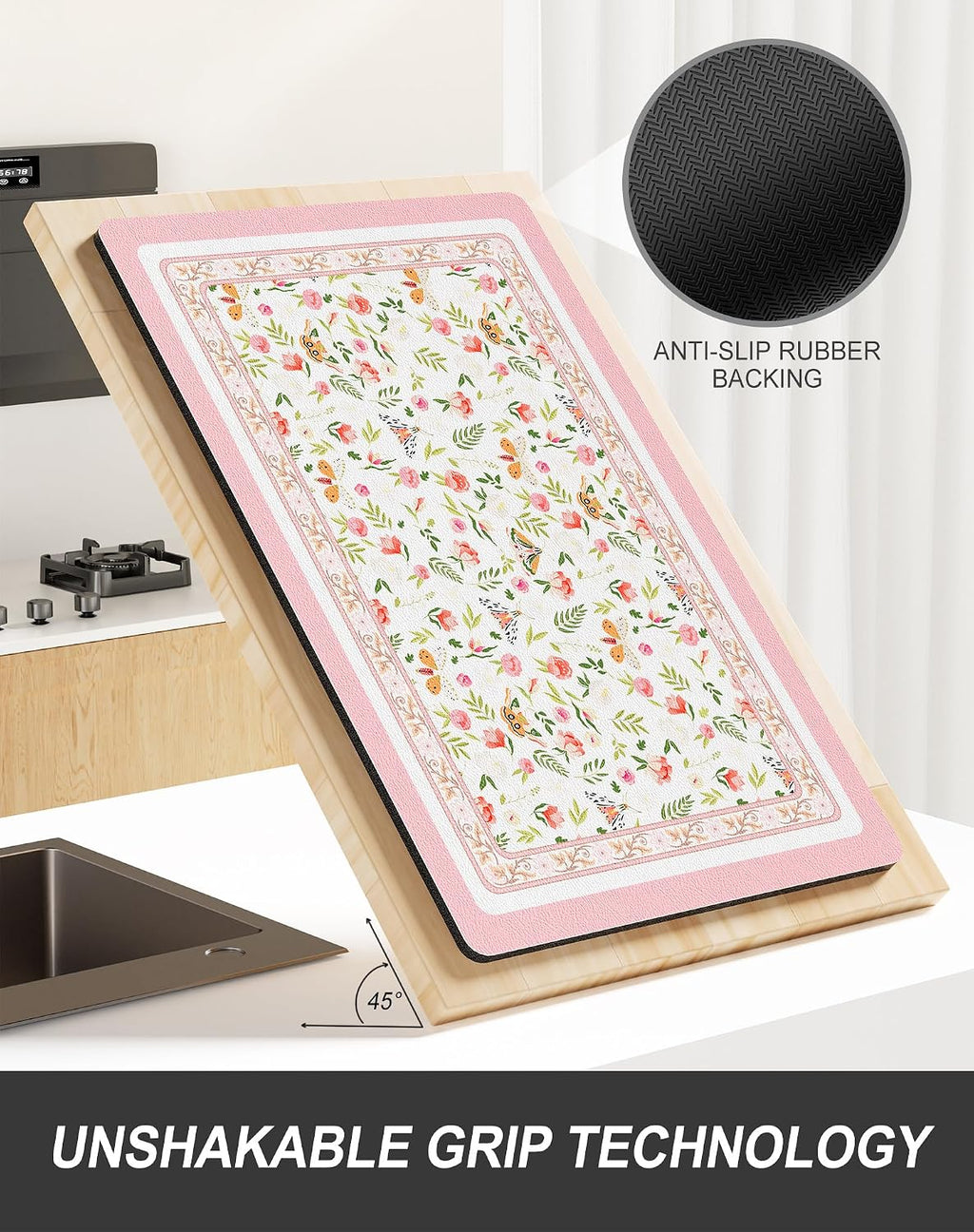 Rnivvi Dish Drying Mat for Kitchen Counter, 12 x 19" Cute Flower Theme