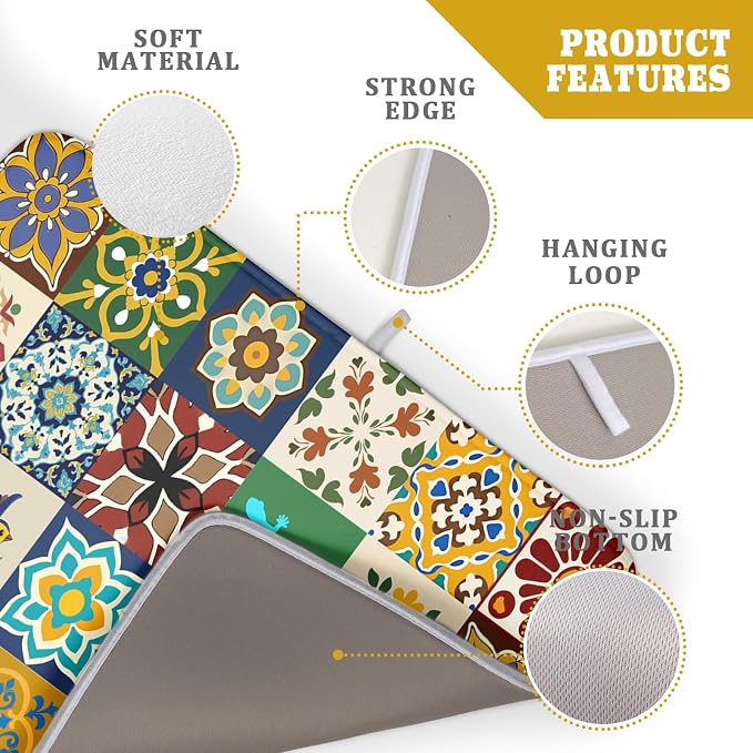 Giwawa Mexican Tile Dish Drying Mat 18"x24" Talavera Boho Floral Print Dish - Image 4
