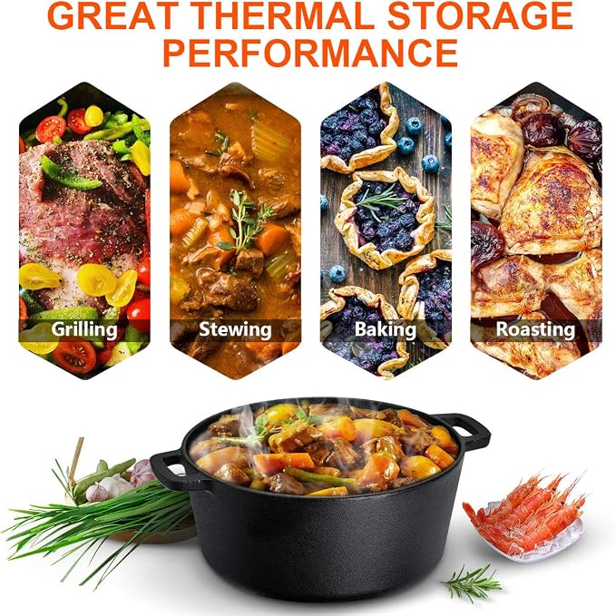 Overmont 2-in-1 Cast Iron Dutch Oven - 5QT Pre-Seasoned All-in-One Casserole - Image 2