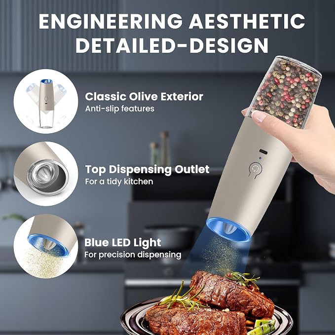 UNNEES Rechargeable Electric Salt and Pepper Grinder set of 2, gravity electric - Image 4