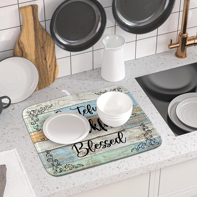 Rustic Wood Dish Drying Mat 16x18 Inch Grateful Thankful Blessed Kitchen - Image 6