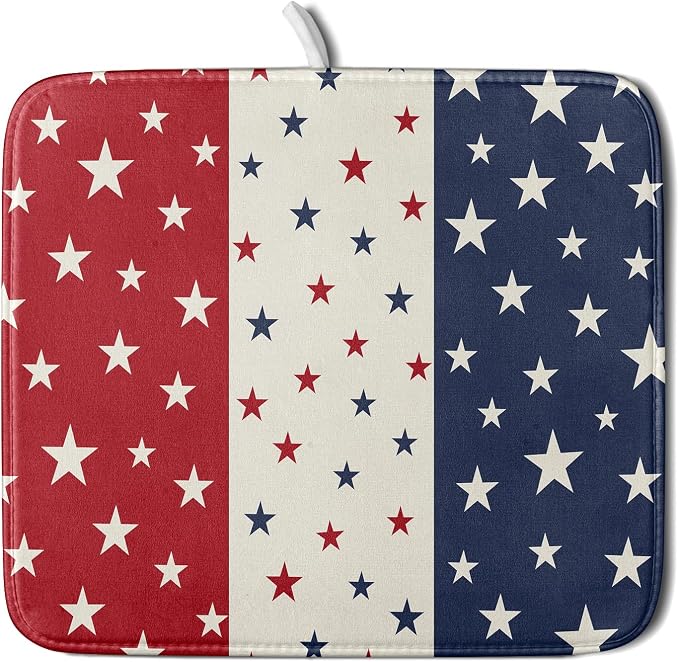 Blue Red White Star July of 4th Patriotic Dish Drying Mat by Aytipun