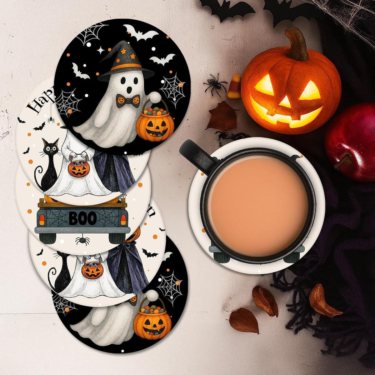 Halloween Coasters for Drinks, Set of 6, Pumpkin Ceramic Stone