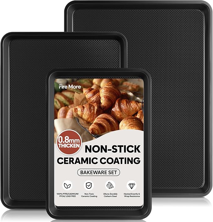 3 Pack Baking Sheet Pan Set, 0.8mm Thick Nonstick Cookie Sheets by FireMore