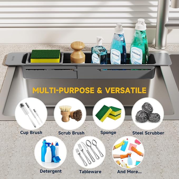 NiHome Extendable Sink Kitchen Organizer, Extra Long Telescopic Brush Storage - Image 7
