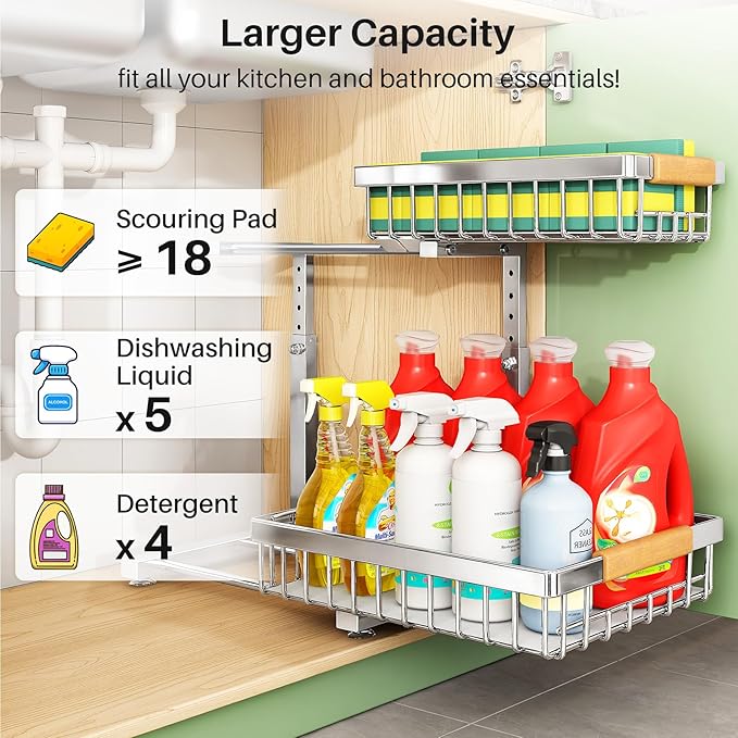 Kitstorack Under Sink Organizer, 2 Tier Under the Sink Storage, Slide out Pull - Image 4