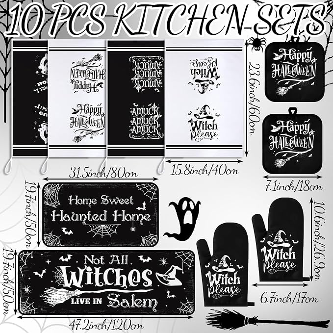 Fanfanwin 10 Pcs Halloween Kitchen Decor Set Witch Kitchen Towels and Rugs Pot - Image 3
