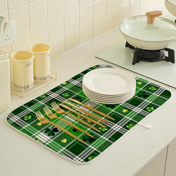 St Patricks Day Dish Drying Mat 18x24 Inch Green Lucky Shamrock Buffalo Plaid - Image 4