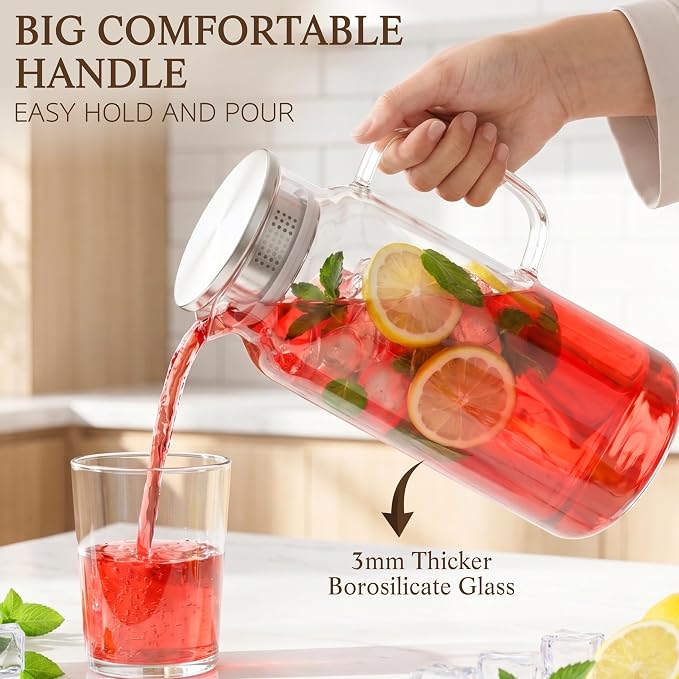 2 Pack Glass Pitcher with Lid and Handle, 68oz 2 Liter Borosilicate Glass Water - Image 3