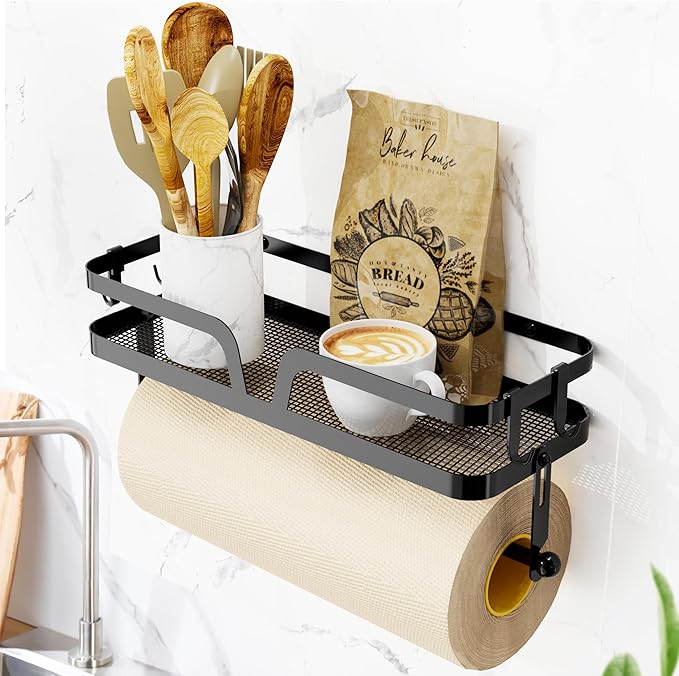 Taozun Paper Towel Holder with Shelf, Kitchen Paper Holder Spice Rack Black - Image 4