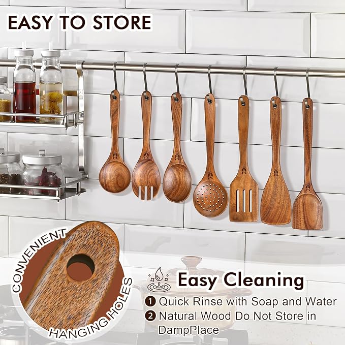 Wooden Spoons for Cooking, Comfortable Grip Wooden Cooking Utensils Set - Image 7