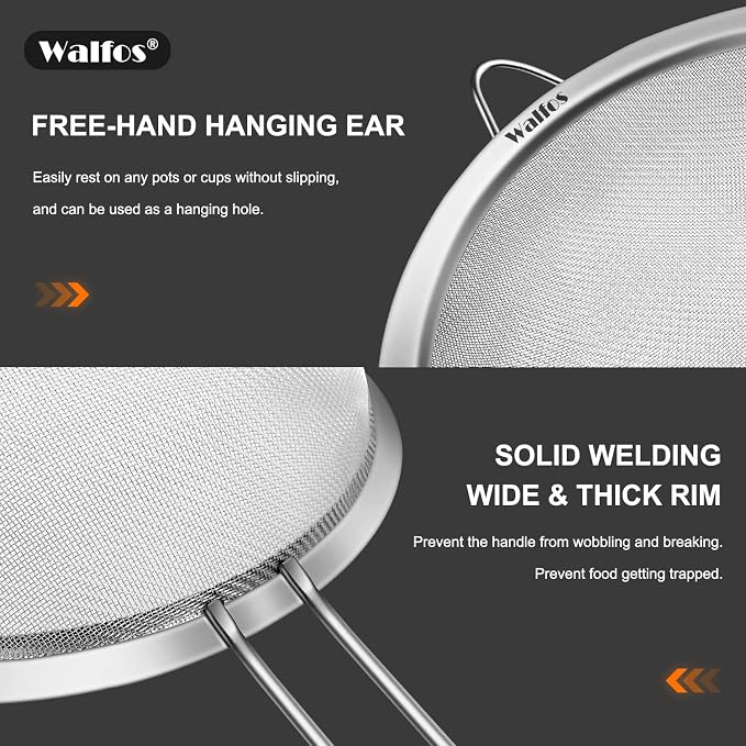 Walfos 6.3 Inch Fine Mesh Strainer, Premium Stainless Steel Sieve and Sifter - Image 3