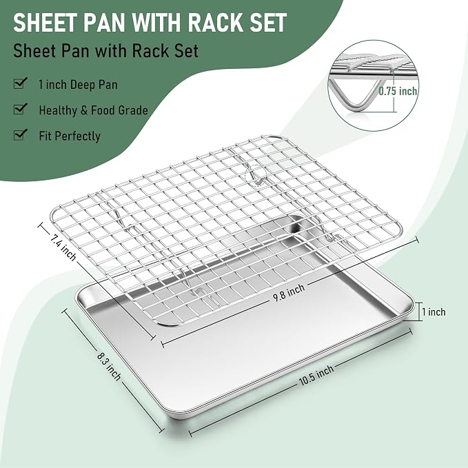 Homikit Cookie Sheet with Rack, 10 x 8 Inch Stainless Steel Cookie Sheets with - Image 2