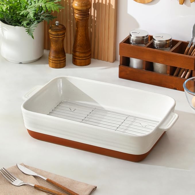 MALACASA Baking Dish with Rack, 4.8 Qt Ceramic Roasting Pan with Stainless - Image 8